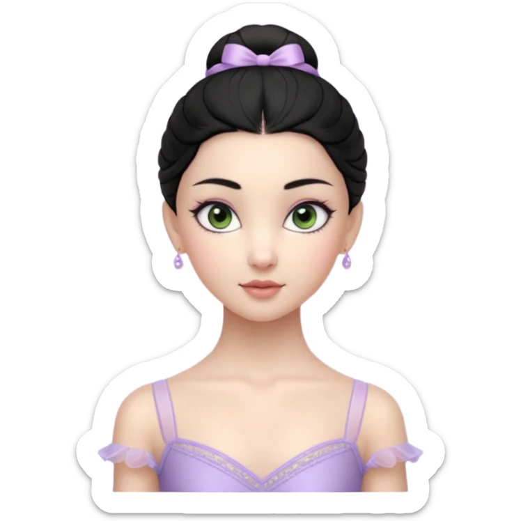 Cinematic Realistic ballerina Light Purple Portrait, depicted with lifelike skin texture, subtle rosy undertones, and soft natural lighting that enhances the gentle contours of her face. Her intricately detailed sweet black hair is elegantly styled, green eyes sticker