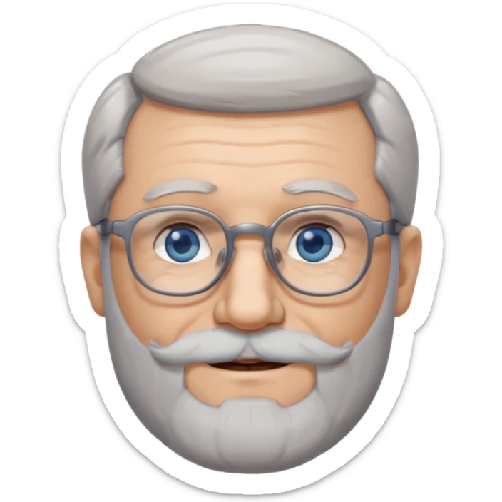 Create me an emoji of an old man. Gray really short size hair. Gray follow-up full beard. Squarer Glasses. Blue eyes. Little smile sticker