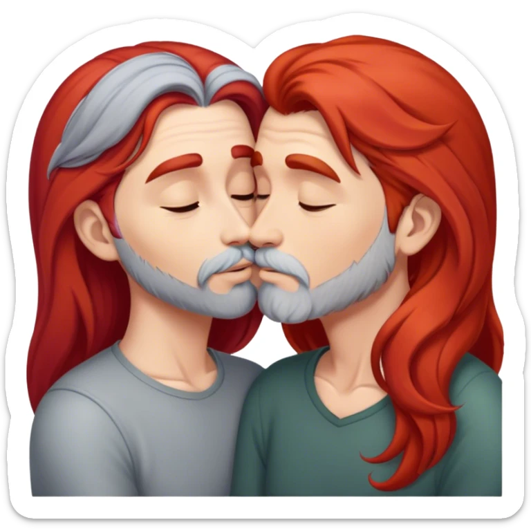 Long red hair woman kissing man with short gray hair and facial hair sticker