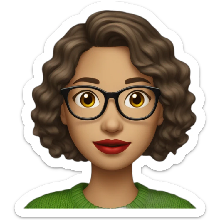 young-woman-with-glasses-and-red-lipstick-and-medium-length-wavy-brunette-hair-and-a-green-sweater-holding-a-book sticker
