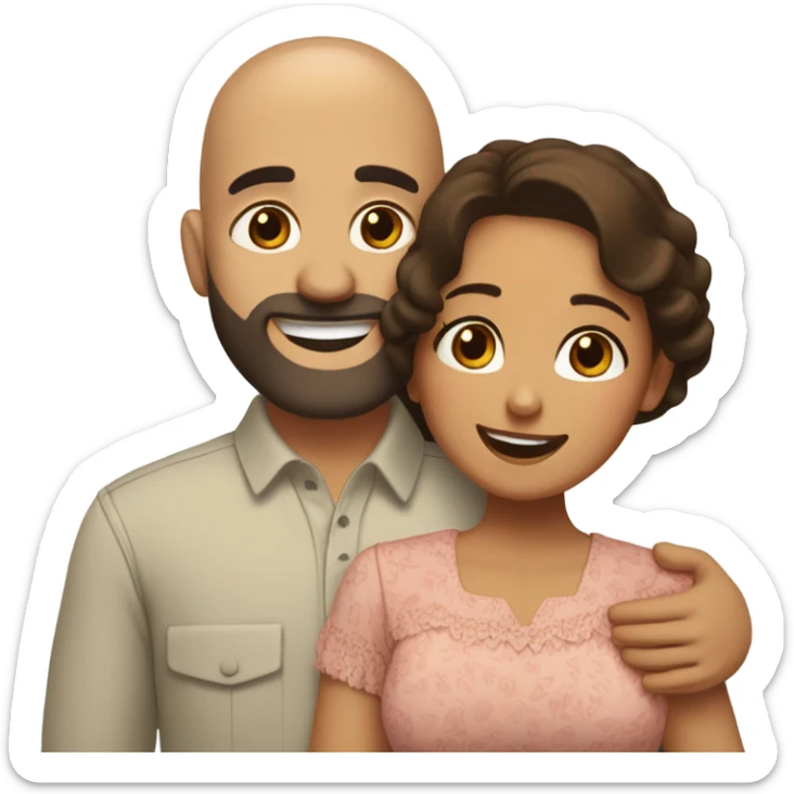 Brown-haired Puerto Rican woman with dark brown eyes wearing a cute blouse giving a comforting hug to a short, bald man with brown eyes, laugh lines, and a beard sticker