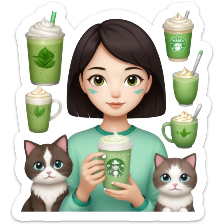 asian girl with shoart dark brown hair with a soft girl glowup aesthetic. matcha latte sparkles girly things, 2 ragdoll cats, skincare, makeup sticker