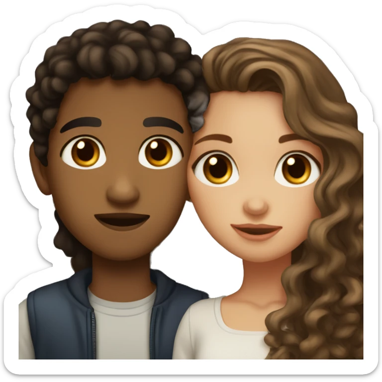light skinned girl with long light brown hair, brown eyes kissing a black boy with brown eyes and curly black hair sticker