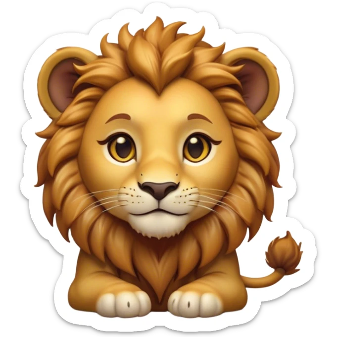 Cinematic Cute Lion Cub Portrait Emoji, Head tilted playfully and inquisitively, featuring a glossy tawny Fur with a lush mane and round, sparkling amber eyes filled with curious mischief, Simplified yet irresistibly adorable features, highly detailed, glowing with a warm, friendly glow, high shine, affectionate and spirited, stylized with a touch of jungle whimsy, bright and endearing, soft glowing outline, capturing the essence of a mischievous yet loving Lion Cub, so playful it feels like it could pounce out of the screen and into your arms! sticker