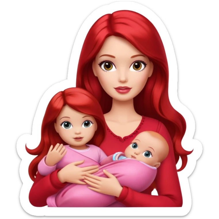 A barbie girl with makeup with dark brown hair long with a baby, a daughter, a girl with red hair, holding her hand in red clothes sticker