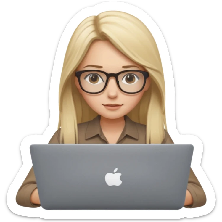 Girl in glasses, blonde long hair, sitting with MacBook , brown blouse, typing on gray MacBook sticker