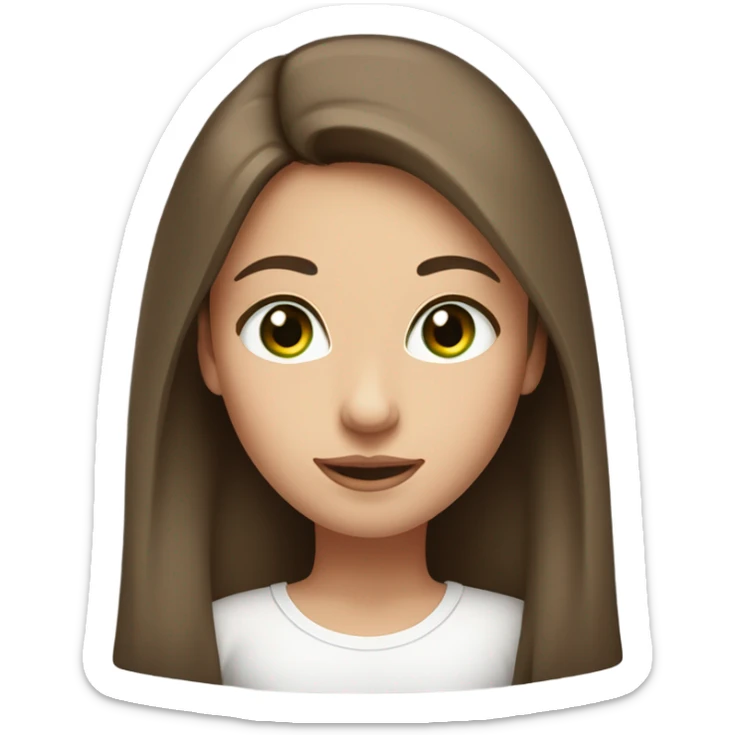 girl with long sleek brown hair, light green eyes and natural makeup. her facial expressions should be neutral with soft, arched eyebrows and a slight smile, wearing a white t-shirt. sticker
