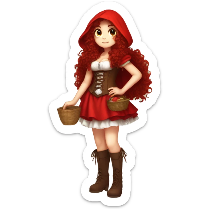 Little Red Riding Hood long curly red hair, brown corset and dress full body pose non-chibi sticker