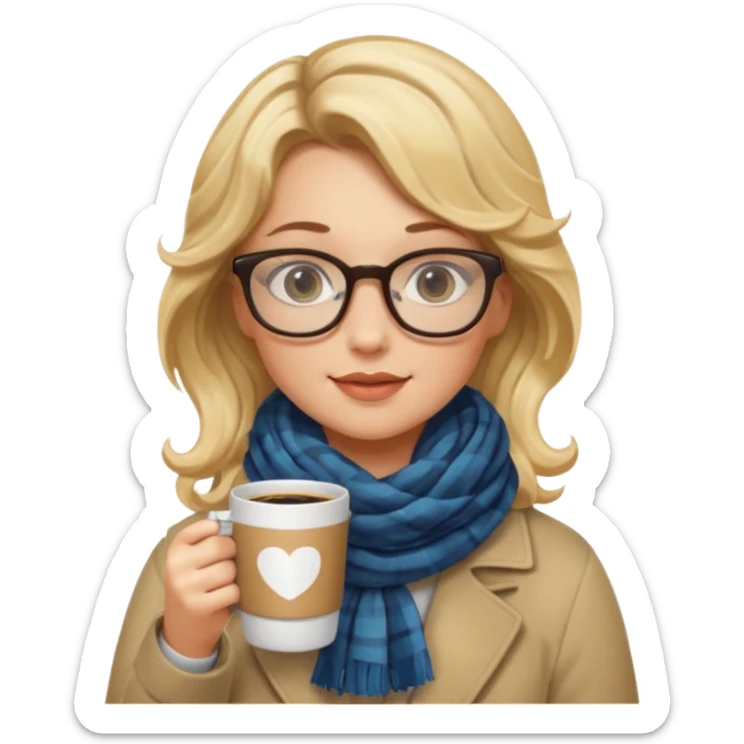 a girl drink with blonde wavy hair, wearing glasses, having scarf, drink coffee sticker