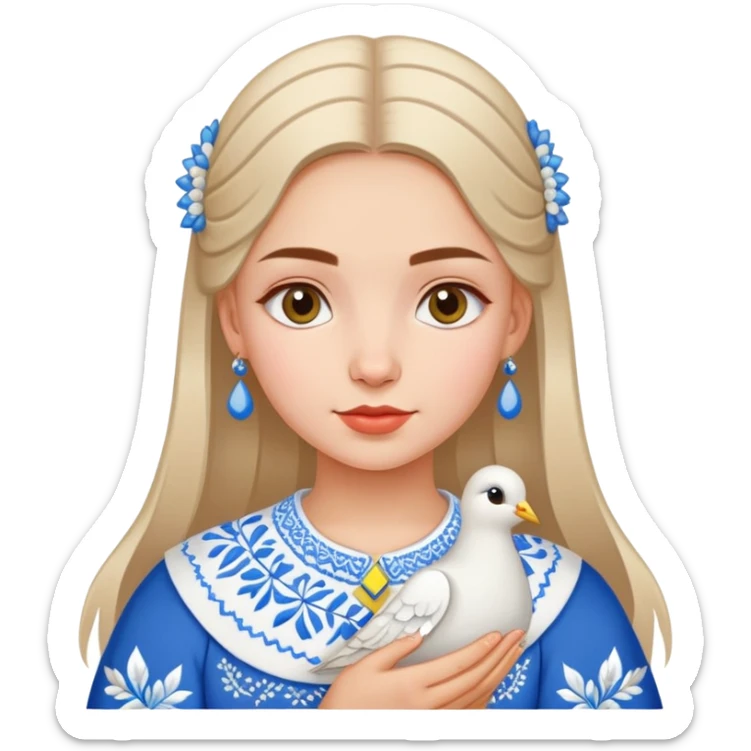 Ukrainian girl wearing a traditional embroidered vyshyvanka shirt with a white dove next to her sticker