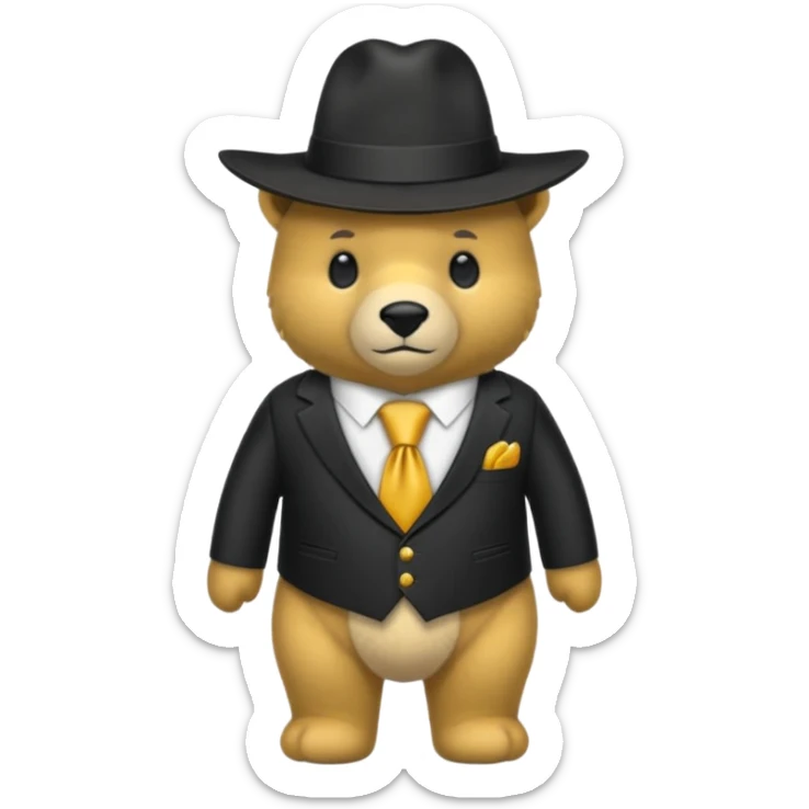 Oso dorado con un sombrero negro y fn su cuello un moño negro sticker