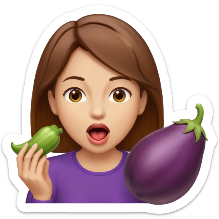 Brown hair light skin woman about to eat an eggplant mouth open sticker