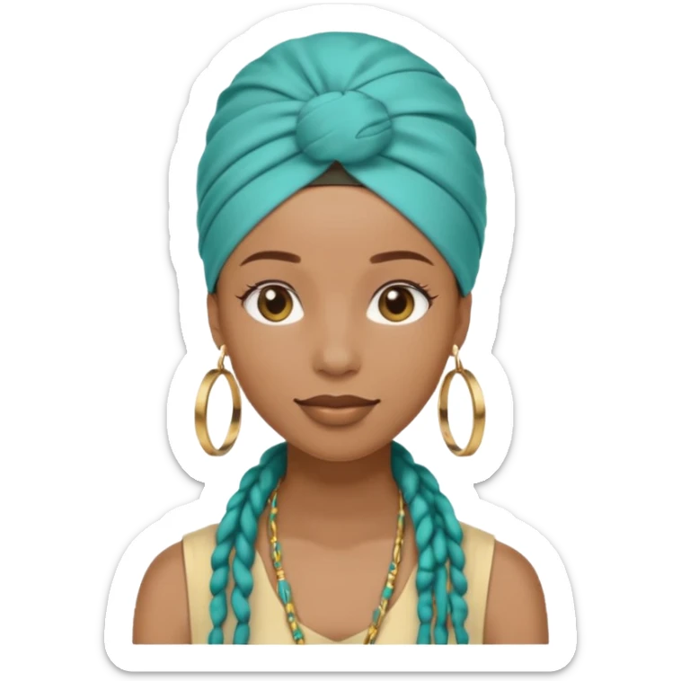 Non-portrait Jayci-vibe emoji, 1024 PNG, transparent. Headwrap (muted R-G-G), hoops, locs hint; soft smile, golden inner glow + faint heart aura. Embed: first-love, roots calm, playful grace, protective joy, consent. sticker