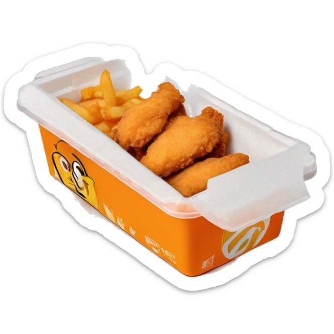 3 chicken tenders with crinkle fries and orange sauce on the side in a styrofoam container styrofoam container sticker