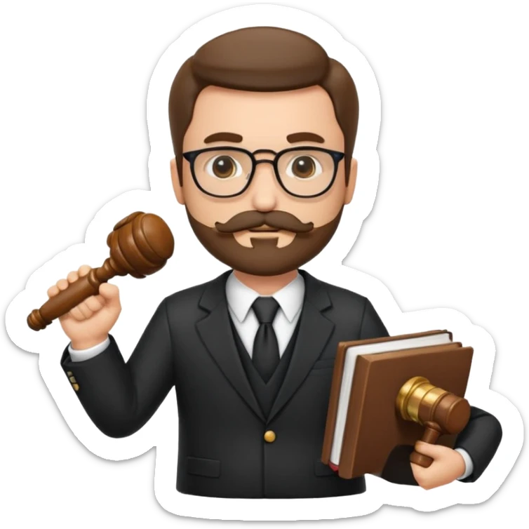 “Create a clean, modern emoji-style illustration of a male lawyer. He is wearing a formal suit jacket. He is holding a judge’s gavel (QUE SE VE DE COSTADO) in one hand and has a law book tucked under his arm. He has a mustache and beard (BARBA)!, and GLASSES sticker