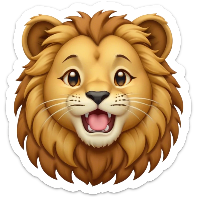 Cinematic Cute Yawning Lion Cub Portrait Emoji, Head tilted slightly with a dramatic, wide-open yawn, showcasing a soft, downy tawny Fur with a majestic mane, floppy ears slightly drooping, round amber eyes barely open in drowsy contentment, Simplified yet irresistibly adorable features, highly detailed, glowing with a soft, cozy glow, high shine, relaxed yet expressive, stylized with a touch of savannah whimsy, bright and endearing, soft glowing outline, capturing the essence of a sleepy yet affectionate Lion Cub, so drowsy it feels like it could stretch out of the screen and curl up for a nap! sticker