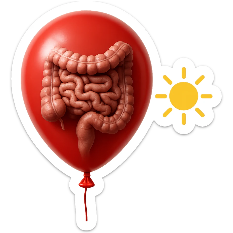 intestino umano anatomico chiuso in un palloncino rosso che simboleggia gonfiore, accanto un simbolo di sole che simboleggia "gonfiori di mattina", iperrealistico 4k sticker