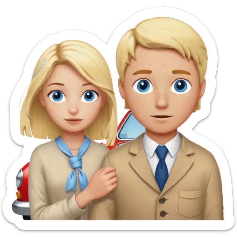 crea un emoji con esos 3 en conjunto👫🏻🪢🚘 & que la chica sea rubia y tenga pecas en la cara y tenga los ojos azules sticker
