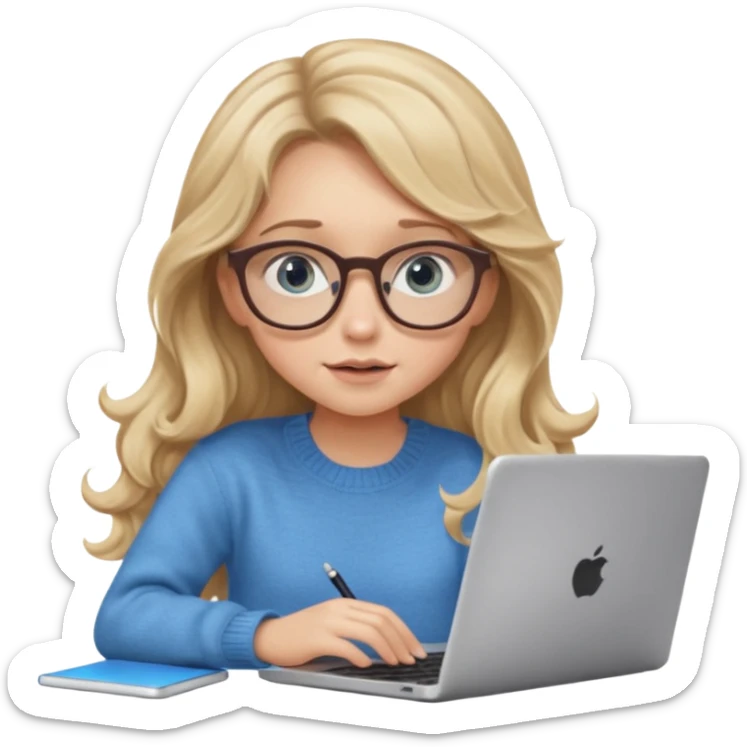 blonde girl with long dark blonde wavy hair, blue big eyes, pantos-style glasses, a brown sweater, sitting and looking in laptop, soft pastel, upper body shot sticker