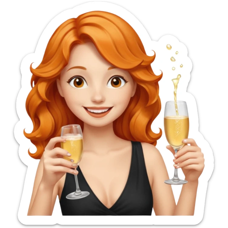 A shy young woman with orange wavy hair gently takes her first small sip of champagne, smiling with excitement. sticker