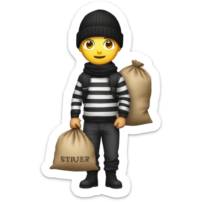 Thief wearing striped shirt and black beanie, holding a sack of money behind his back. sticker