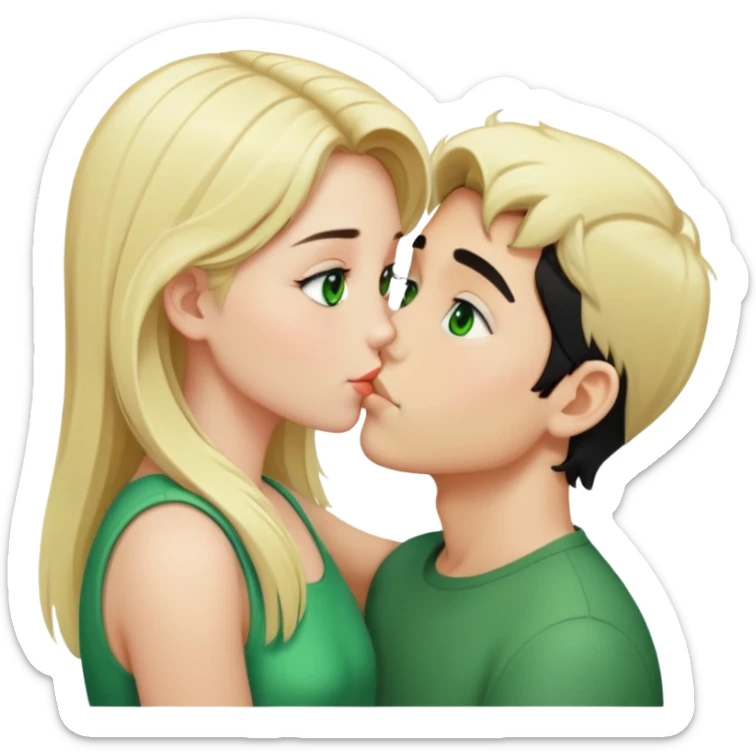 Kissing couple of boy with short black hair and green eyes and blonde girl with long hair sticker