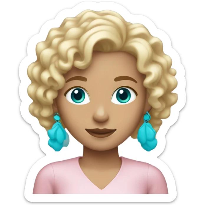 Blonde curly hair mid length.  Belgian girl. blue eyes with turquoise earrings and light pink features sticker