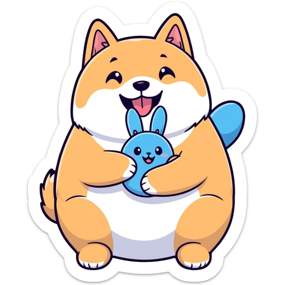 smiling overweight black shiba inu gripping fluffy blue bunny toy in mouth, cheesy aroma vibe, cartoon sticker style sticker