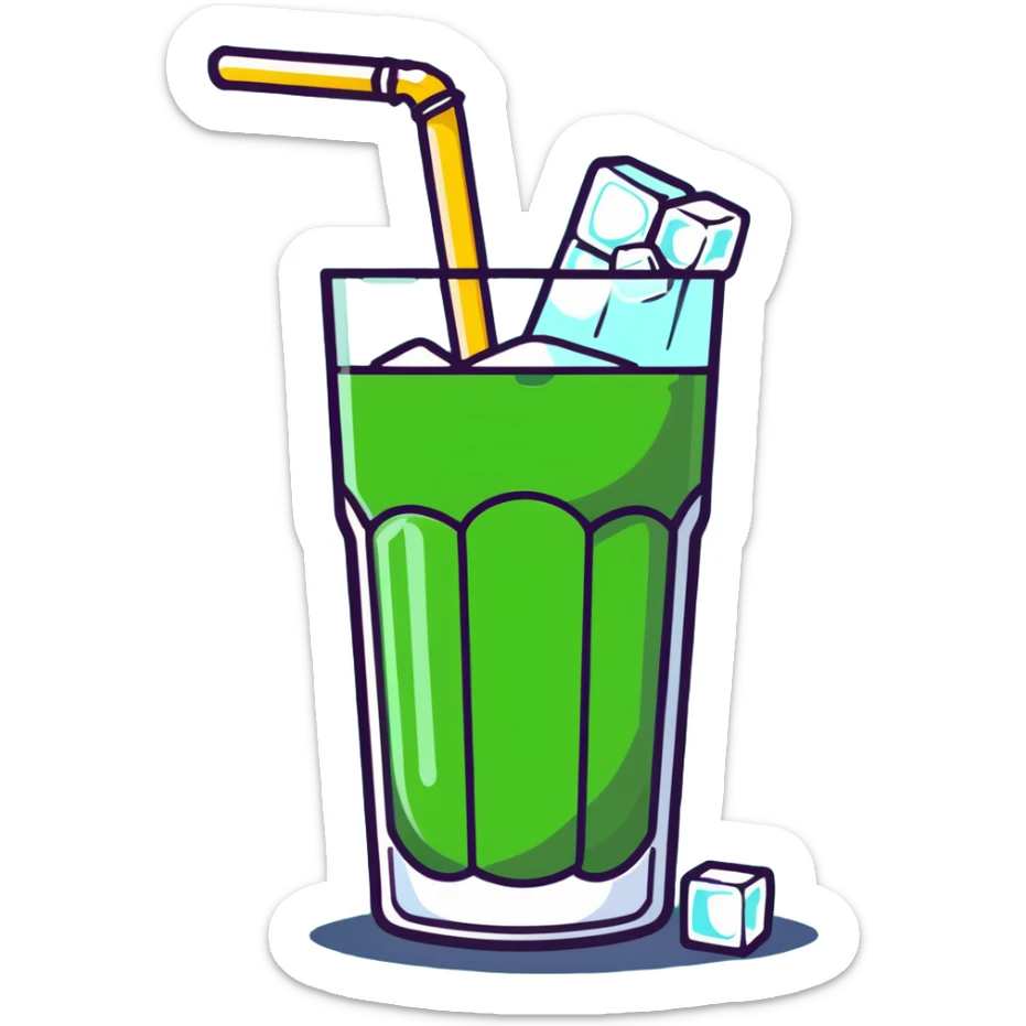 Tall glass of sweet sugarcane juice with ice cubes, light green liquid, straw, and sugar cane stalks beside it sticker