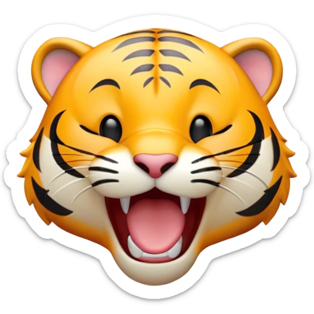 Cinematic Cute Yawning Tiger Portrait Emoji, Head tilted slightly with a dramatic, wide-open yawn, showcasing a lithe, striped body with drowsy, half-closed eyes and an open, relaxed expression, Simplified yet irresistibly adorable features, highly detailed, glowing with a soft, cozy wild glow, high shine, relaxed yet expressive, stylized with a dash of whimsical jungle charm, soft glowing outline, capturing the essence of a drowsy yet affectionate tiger that appears ready to stretch out for a nap! sticker