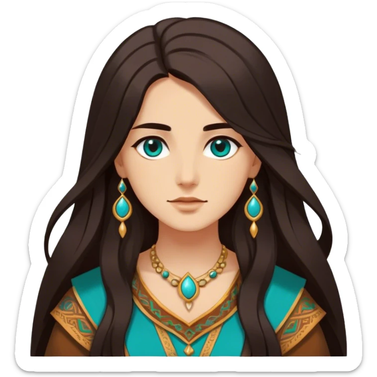 Cinematic Realistic Elegant Pocahontas Portrait, depicted with sun-kissed, warm skin rendered in lifelike detail and soft, natural lighting that accentuates its gentle glow. Her long, flowing dark hair is intricately detailed with natural movement, and her wise, expressive eyes shine with a deep, serene intensity. She is dressed in traditional attire with rich earthy tones and subtle turquoise accents, each fabric fold and texture rendered authentically. The portrait exudes a natural radiance that captures the timeless, indigenous beauty of Pocahontas with depth and authenticity. sticker