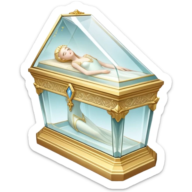 A delicate glass coffin with golden trim, resting on an ornate pedestal. The transparent lid reveals a figure inside, peacefully lying with hands gently folded. Soft light reflects off the glass, adding an ethereal, fairy-tale glow sticker