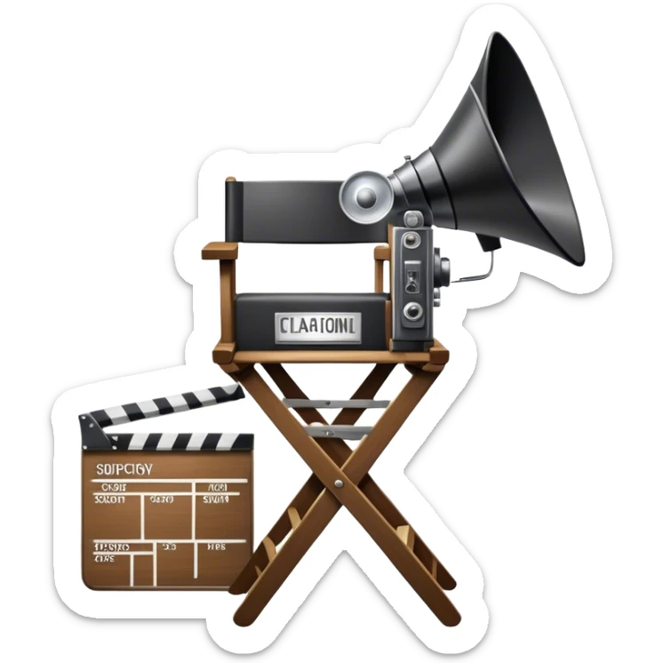 Icon for Directing: a director's chair, a film clapperboard, large movie camera, vintage megaphone and a stage with a spotlight. The icon should represent the creative and organizational aspects of directing, with focus on storytelling, staging, and performance. Transparent background. sticker
