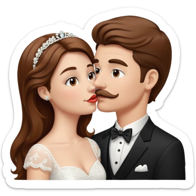 White girl brown hair bride and white groom with moustache kissing sticker