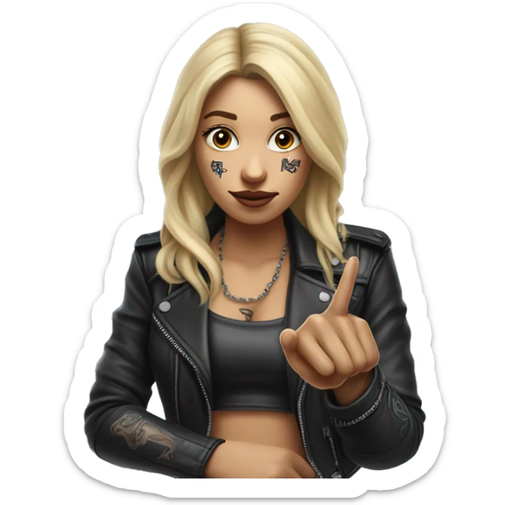 Blonde women with LONG HAIR, in Leather Jacket, Body Covered with Tattoos, POINTING YOU FORWARD with her HAND with INDEX FINGER, Hyper Realistic sticker
