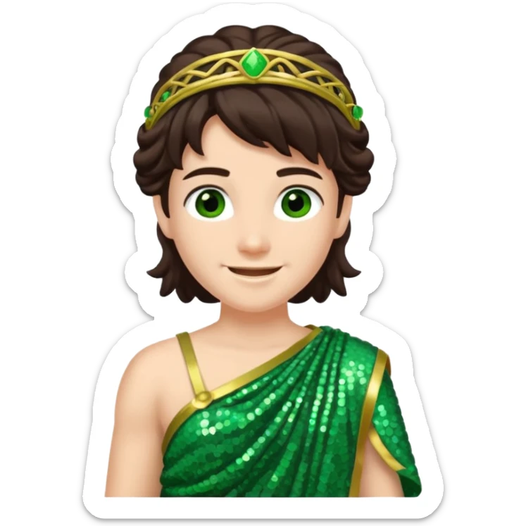 Juno from Roman Deities with long dark brown hair, green sequin toga sticker