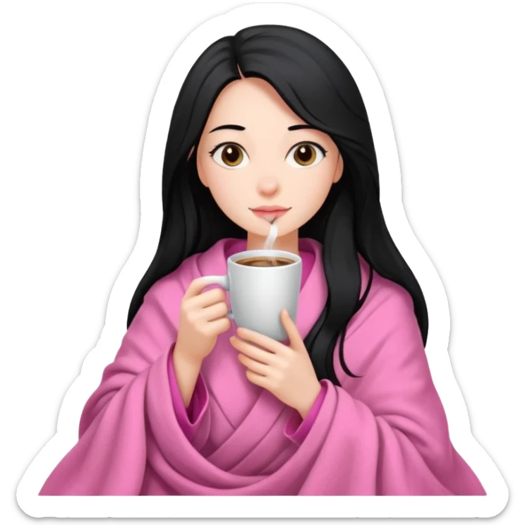 very long black hair pretty girl in a pink blanket sipping coffee sticker