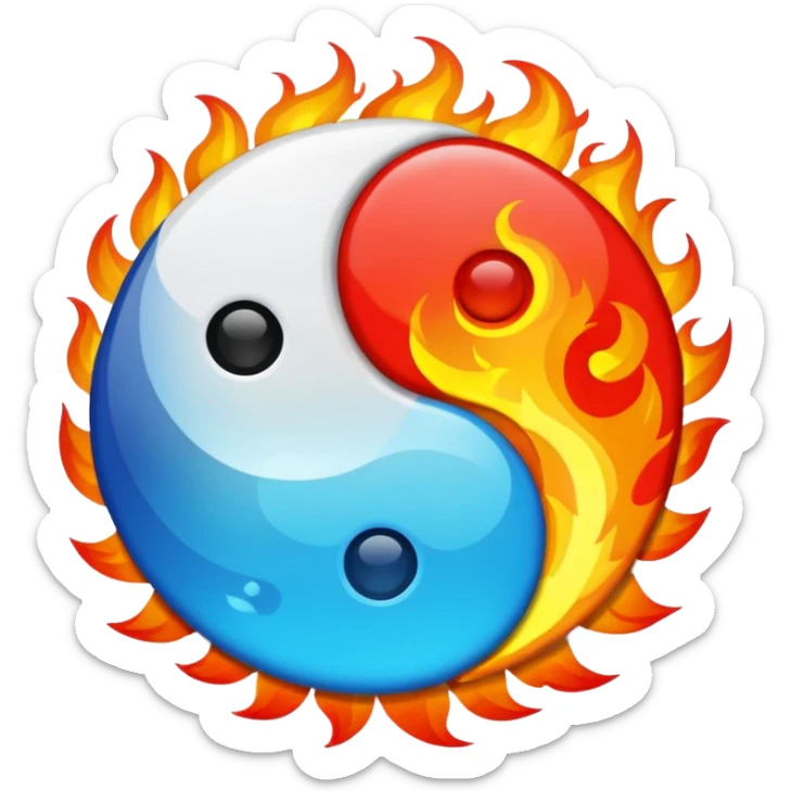 The fire and water emojis are in the form of the yin-yan symbol in front of a completely black background. sticker