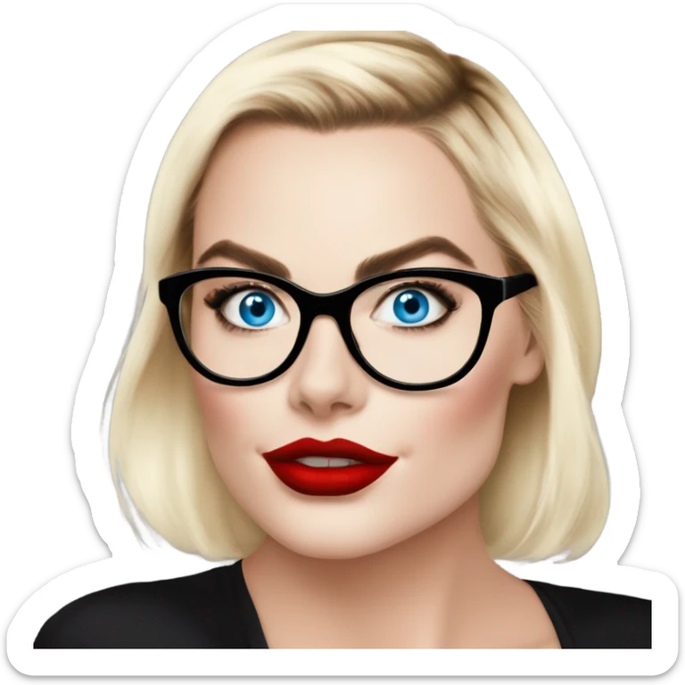 Real Margot Robbie, bright blue eyes and winged eye liner, red kisses, wearing black glasses  sticker