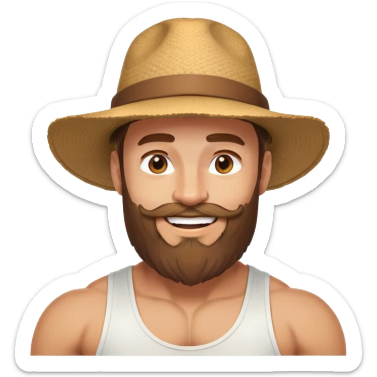 Muscular man with mid-long hair wearing a hat, big beard, smiling, white tank top sticker