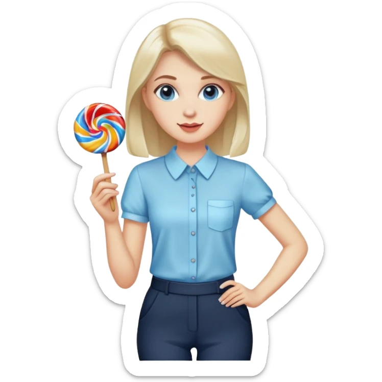 female smart light blue blouse, dark trousers, shoes. one hand holding a lolly sticker
