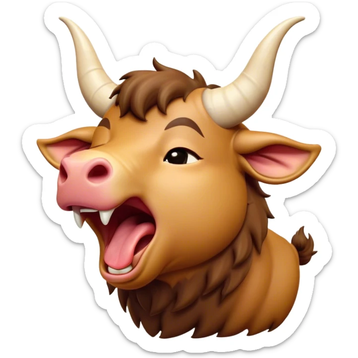 Cinematic Cute Yawning Domestic Ox Portrait Emoji, Head tilted slightly with a dramatic, wide-open yawn, showcasing a soft, textured hide with drooping horns and half-closed, drowsy eyes, Simplified yet irresistibly adorable features, highly detailed, glowing with a soft, cozy natural glow, high shine, relaxed yet expressive, stylized with a dash of pastoral whimsy, soft glowing outline, capturing the essence of a sleepy yet affectionate ox that seems ready to stretch out for a nap! sticker