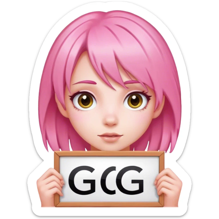 girl with pink hair, big sign, sign says GG sticker