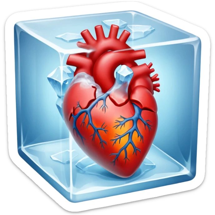 An artistic depiction of a human heart frozen in time, encased in a crystal-clear ice cube, symbolizing emotional coldness and isolation, cinematic lighting, high detail sticker