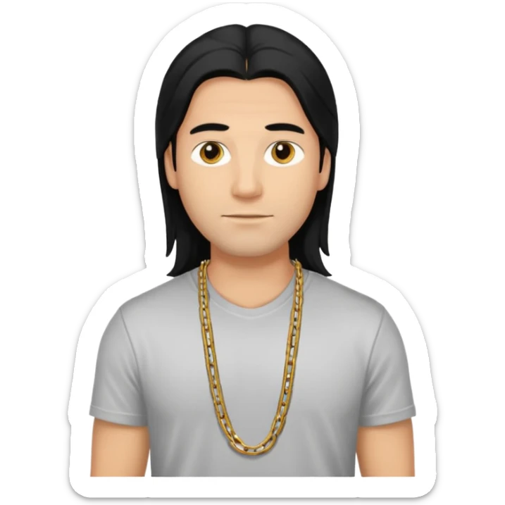 man in his 30s, long straight black hair, wearing a t-shirt and chain necklace, confident look sticker