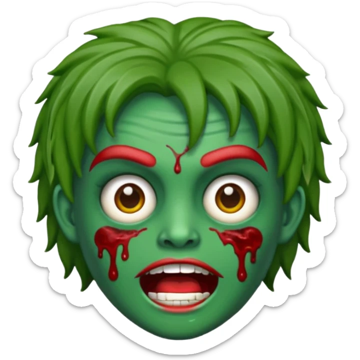 emoji de zumbi estilo WhatsApp, cabeça verde, cabelo cacheado vermelho volumoso, olhos brancos brilhando, expressão divertida e assustadora, cartoon, linhas limpas, fundo transparente, qualidade alta sticker