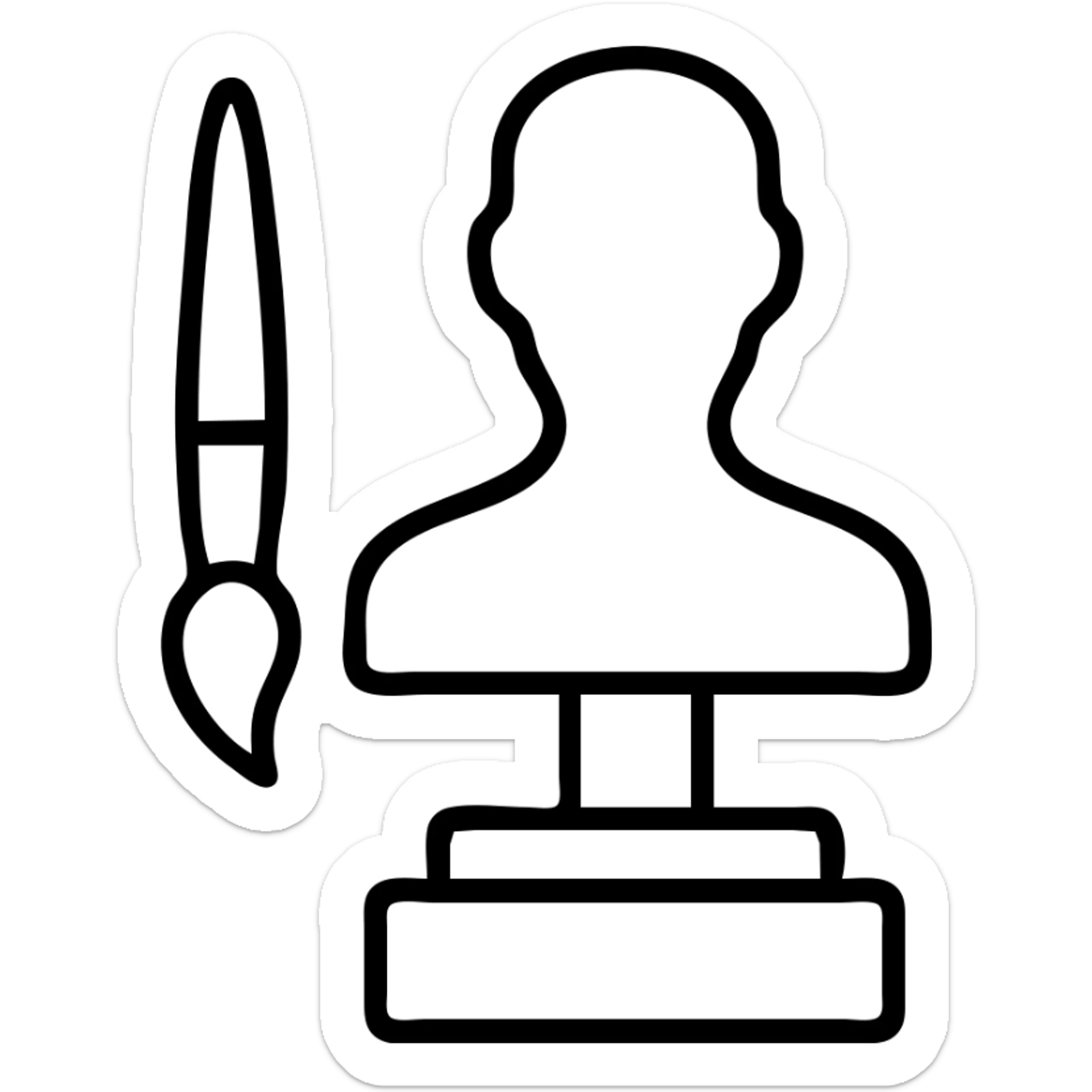 A paintbrush morphing into a metal human sculpture silhouette, symbol of artistic identity, on a display stand sticker