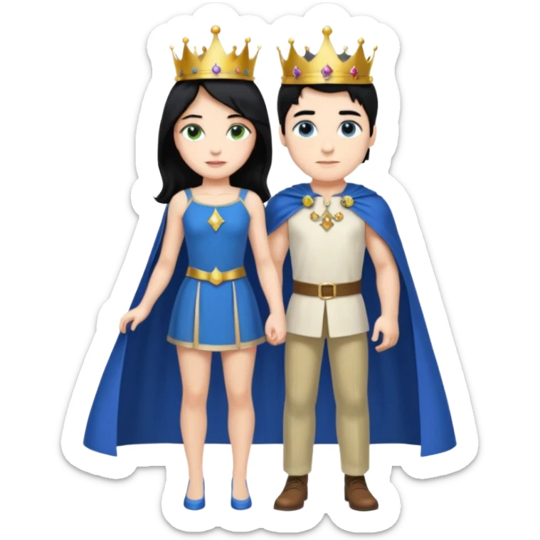 Prince with crown, blue cape and trousers, body and legs, black hair, blue eyes, woman blonde hair, green eyes, sexy white short sleveless dress,  sticker