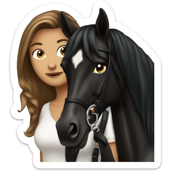 Pretty tanned equestrian woman long hair holding black stallion reins sticker