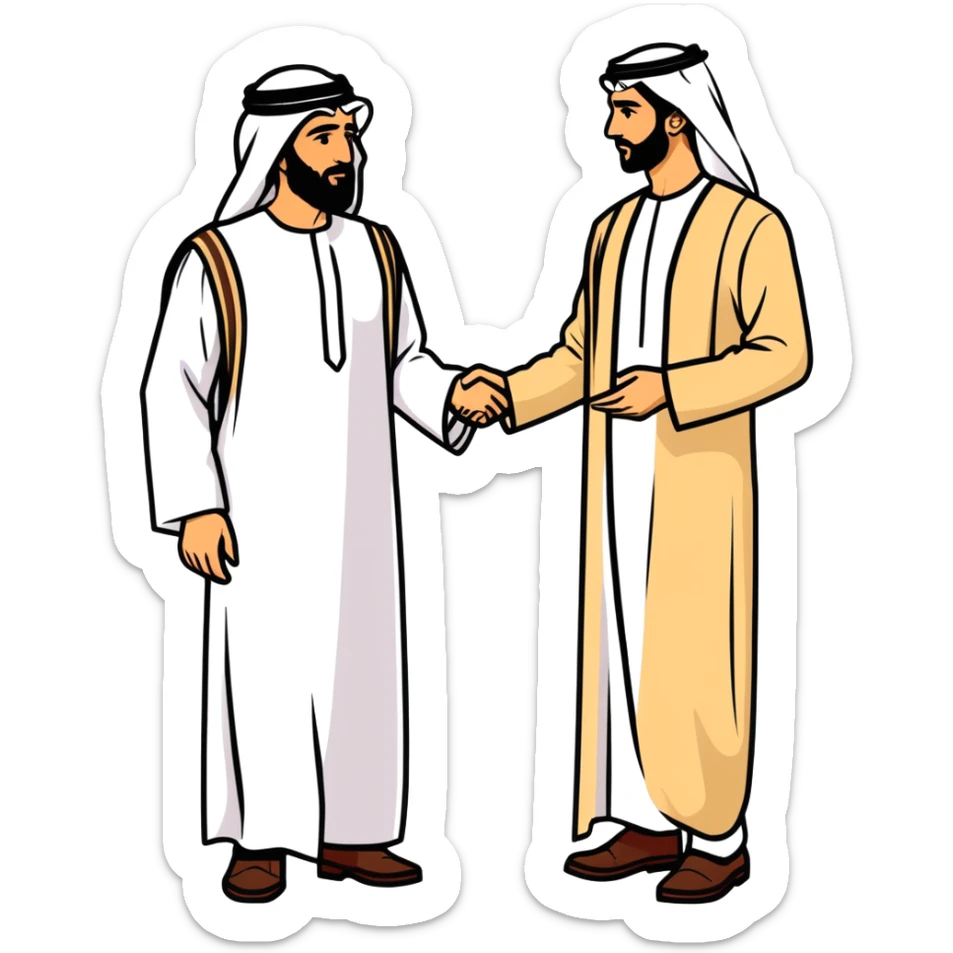 UAE sheikh in traditional clothes standing and talking with a USA businessman in a suit sticker
